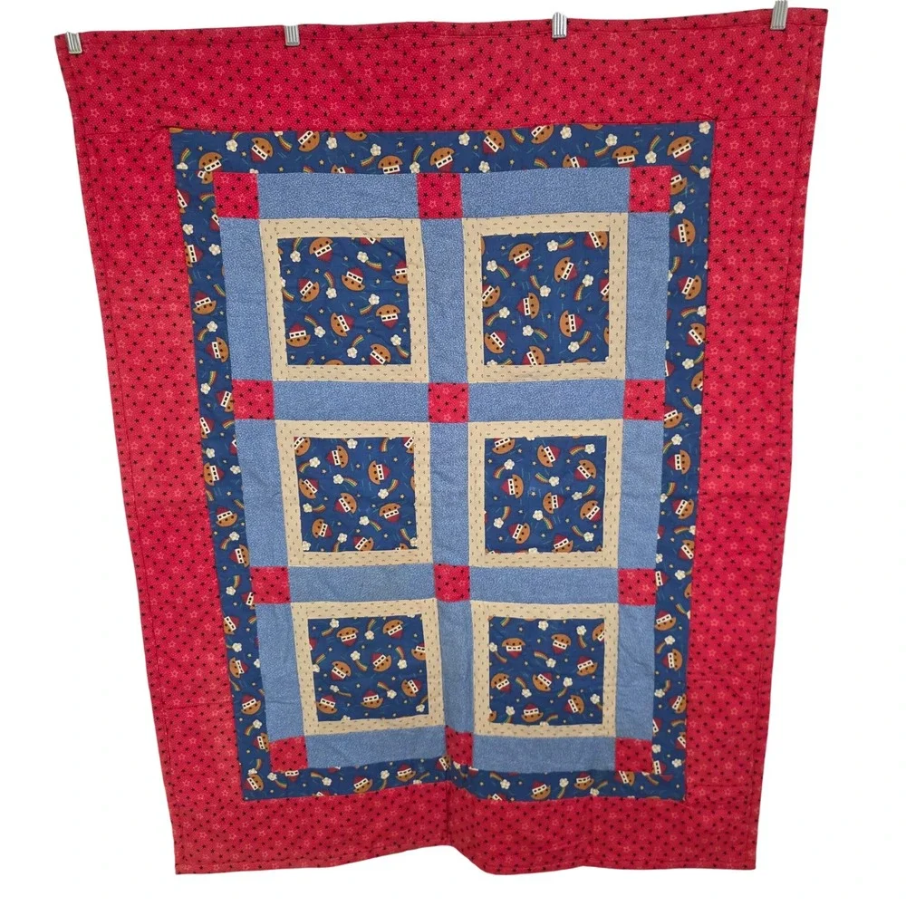 Handmade Noahs Ark Baby Quilt Red Blue Star Patchwork Rainbow Nursery Blanket